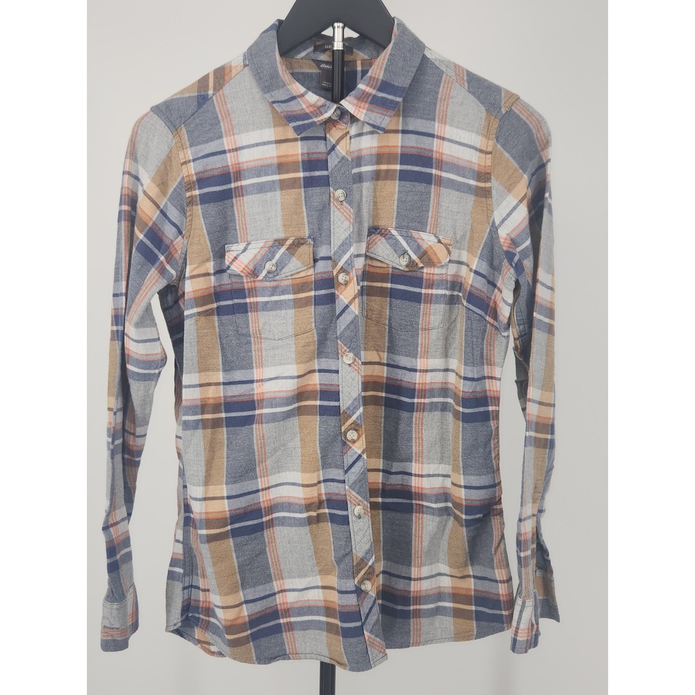 Eddie Bauer Womens Blue Tan Plaid Cotton Button Down Shirt Classic Fit Size M